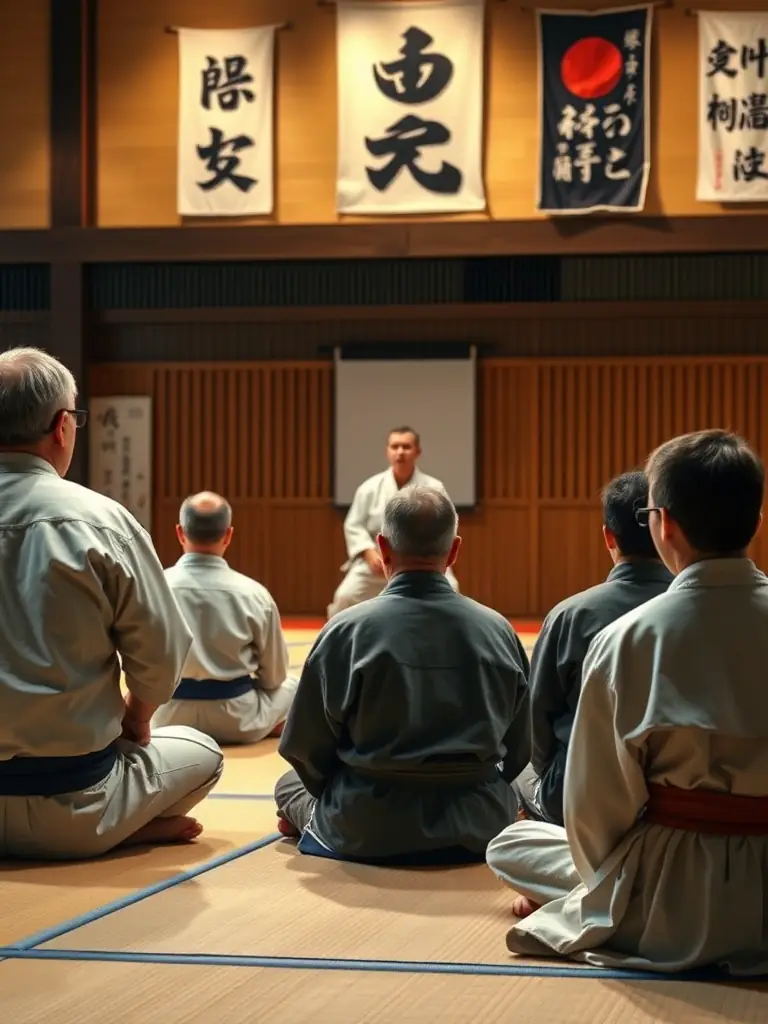Participants in an educational workshop learning about the history and philosophy of judo, with a focus on discipline and respect.