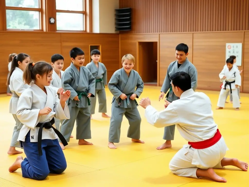 A diverse group of DOJO-CLOVIS members of varying ages and skill levels are engaged in a judo training session, demonstrating the club's inclusive and supportive environment. The image captures the energy and camaraderie of the class.