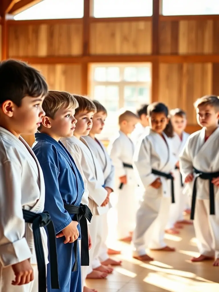 A group of children in judo uniforms practicing basic stances under the guidance of an instructor in a well-lit dojo.