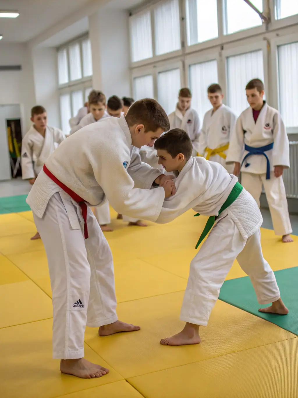Teenagers practicing advanced judo throws and grappling techniques during a training session.