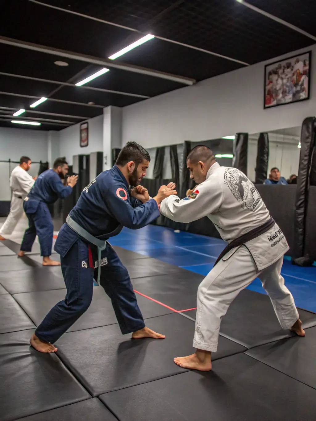 Adults participating in a judo class, learning self-defense techniques and improving their physical fitness.