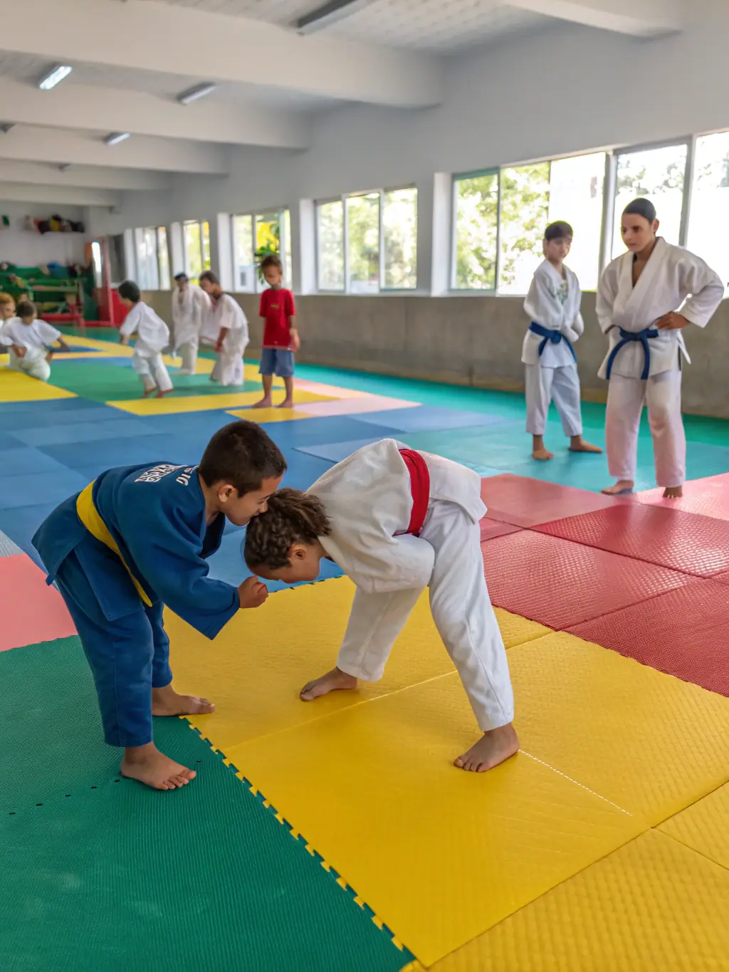 A photograph of young children participating in a judo class at DOJO-CLOVIS, demonstrating basic techniques under the guidance of an instructor. The image should convey a sense of fun, learning, and physical activity.
