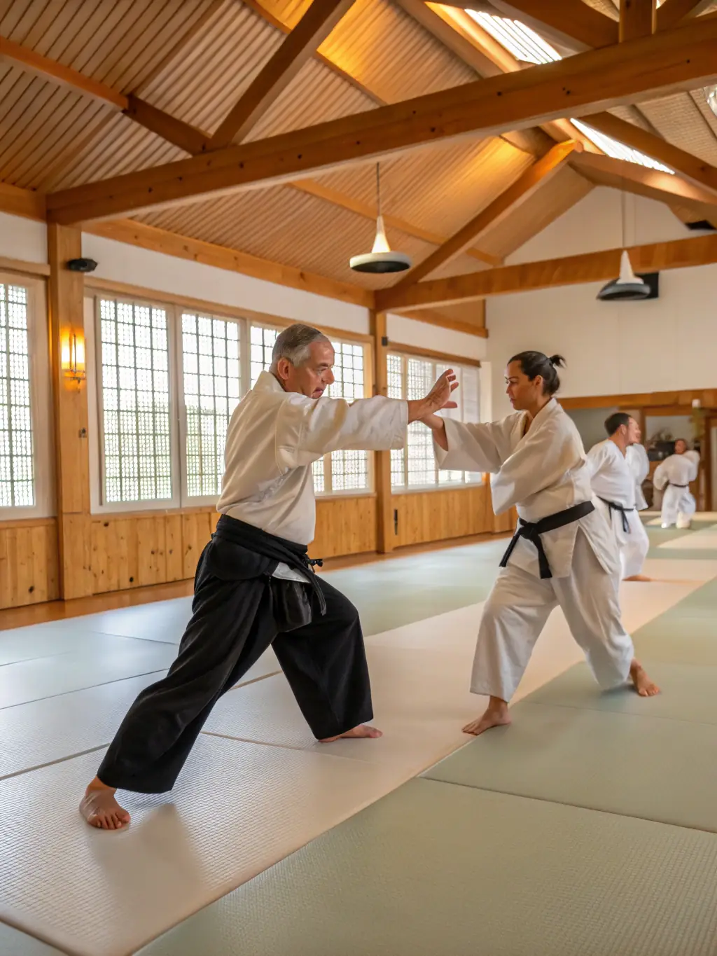 A photograph of adult students practicing advanced judo techniques at DOJO-CLOVIS, showcasing throws and grappling. The image should highlight the intensity and skill involved in advanced training.
