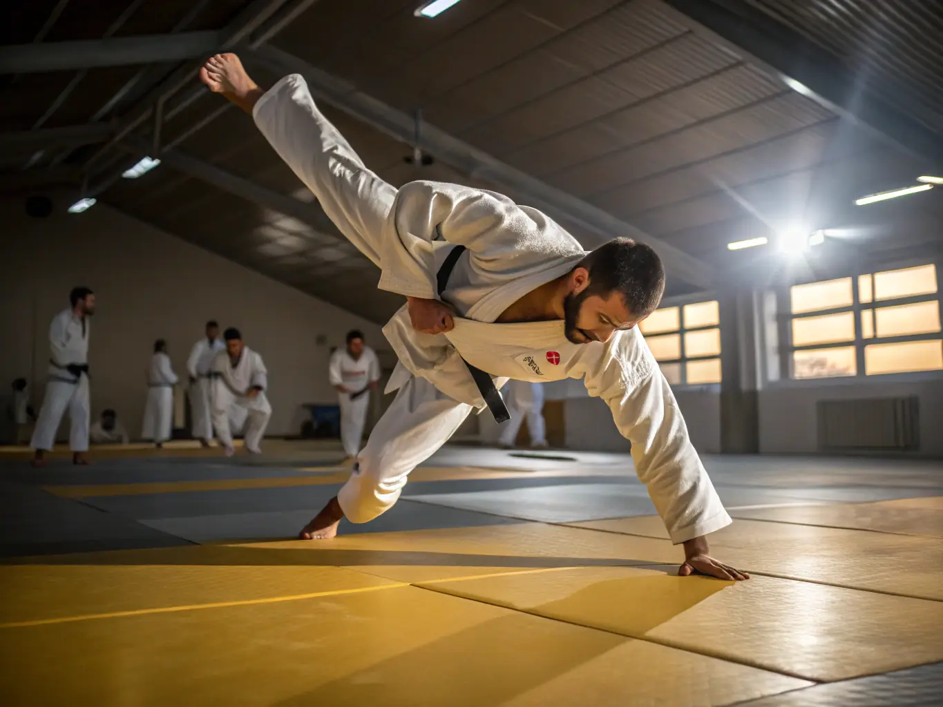 A dynamic image of a young DOJO-CLOVIS member confidently executing a judo technique during a competition, demonstrating the club's focus on personal development and skill enhancement. The image captures the excitement and challenge of competitive judo.