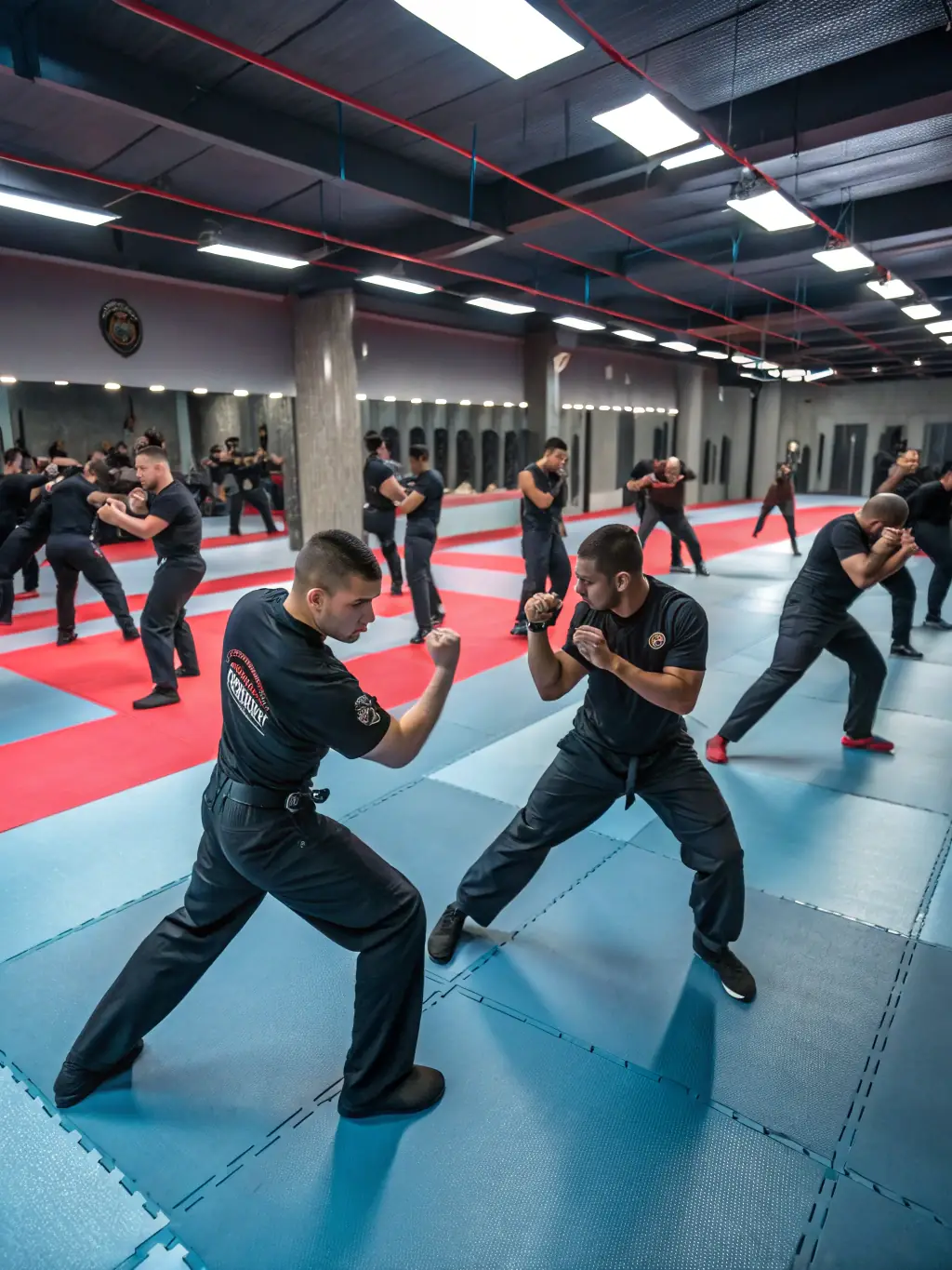 A photograph of students participating in a self-defense workshop at DOJO-CLOVIS, learning practical techniques to protect themselves. The image should convey a sense of empowerment and confidence.